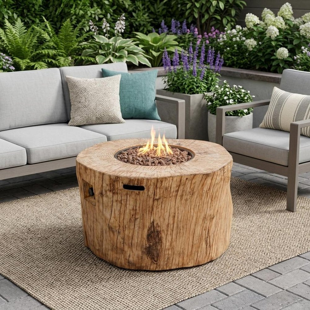 37" Brown Faux Wood Stump Propane Round Fire pit With Cover shown outdoors on a patio with greenery.