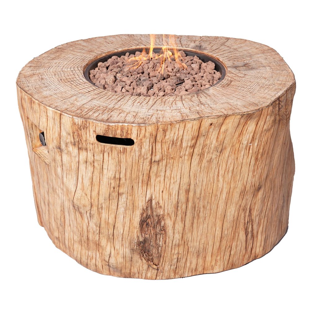 Brown faux wood stump propane fire pit with lava rocks and flames, on a white background.