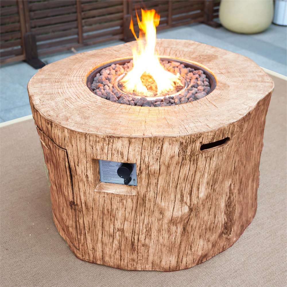 37" Brown Faux Wood Stump Propane Round Fire pit With Cover shown outdoors on a patio.