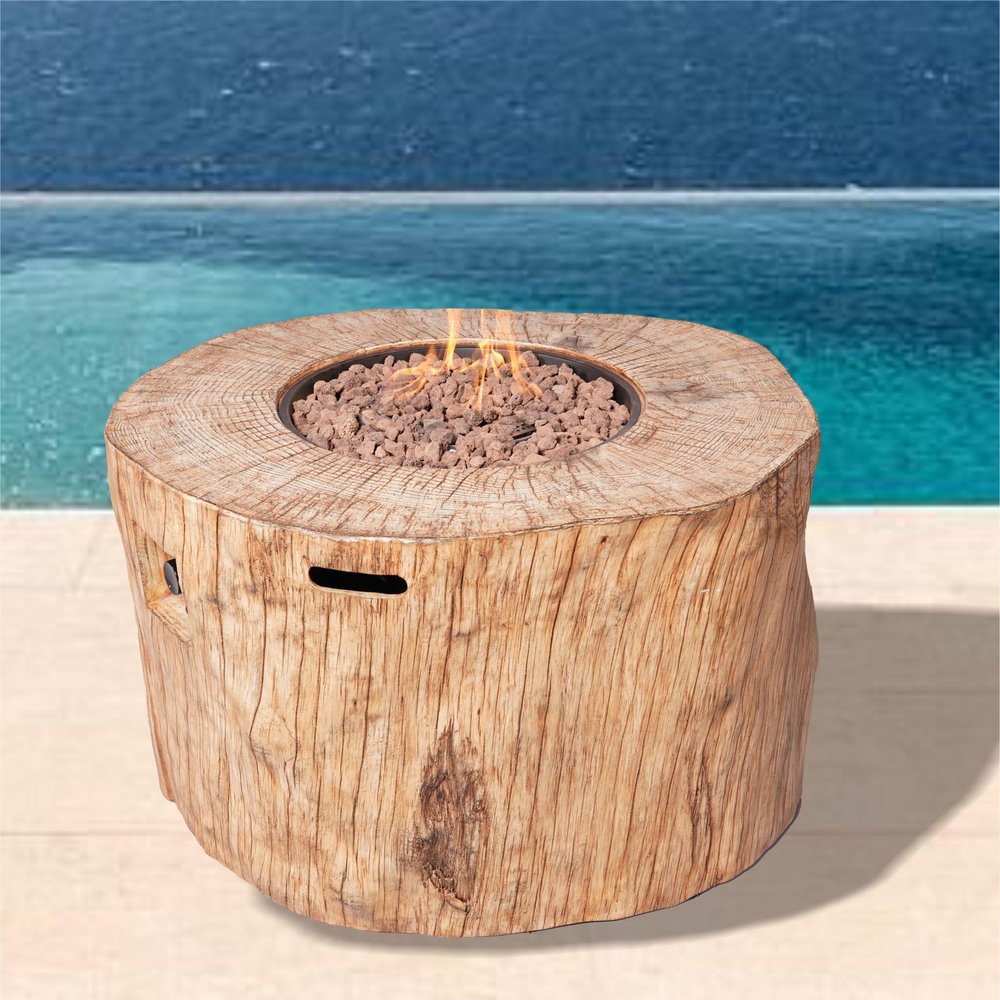 37" Brown Faux Wood Stump Propane Round Fire pit With Cover. Outdoor fireplaces and firepit in brown wood.