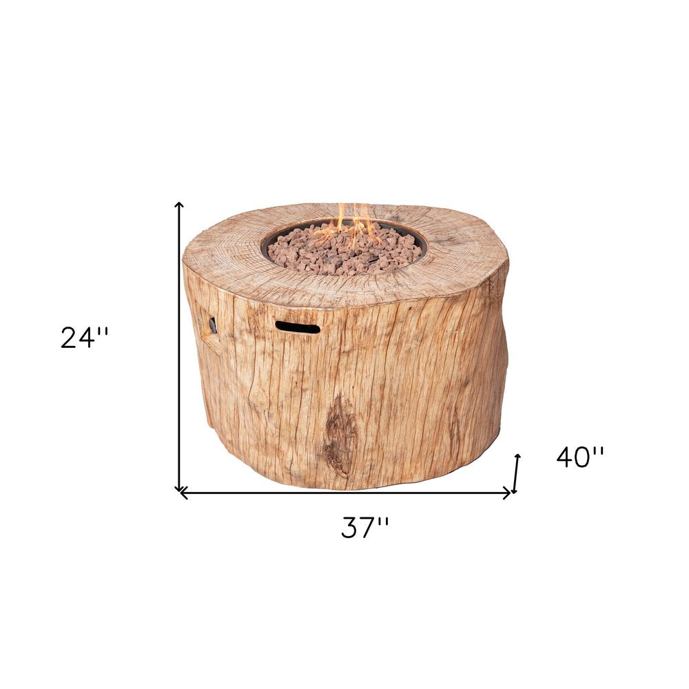 37" Brown Faux Wood Stump Propane Round Fire pit With Cover. Outdoor fireplaces and firepit isolated on a plain white background, in a brown wood finish.