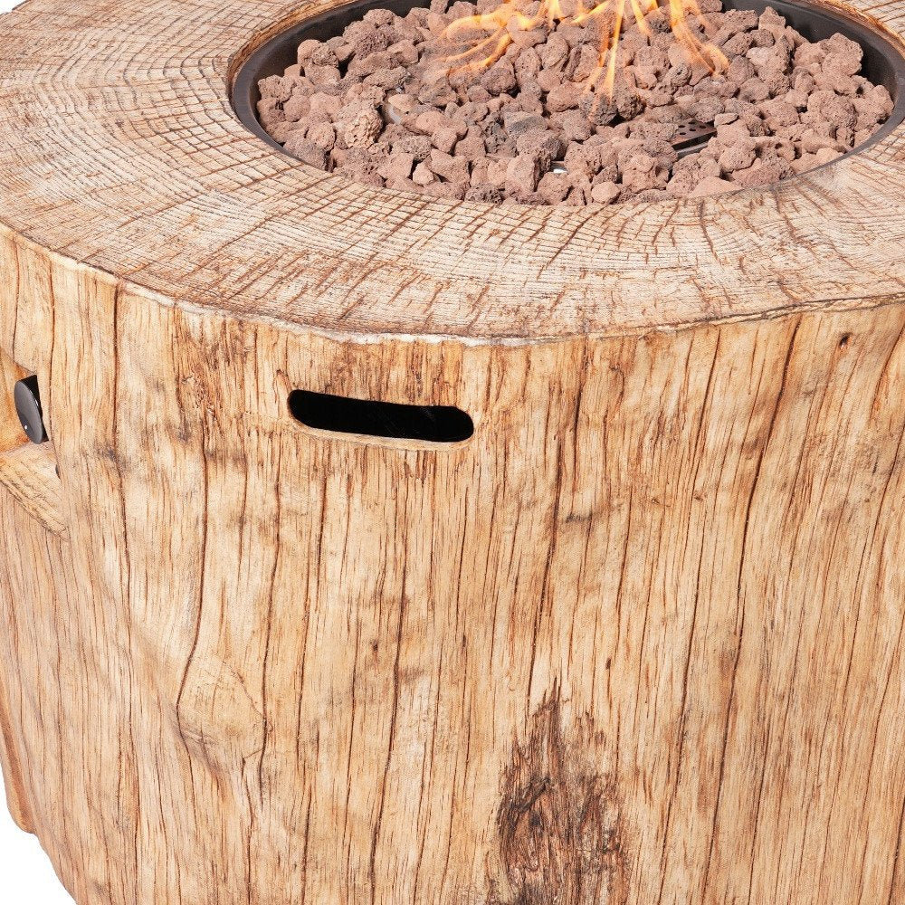 37" Brown Faux Wood Stump Propane Round Fire pit With Cover. Outdoor fireplaces and firepit in brown wood.