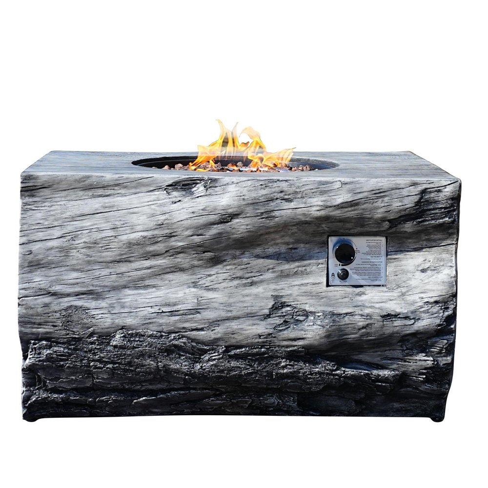 50000 BTU 40" Gray Aluminum Natural Gas Rectangular Fire Pit With Cover. Outdoor fireplaces and firepit isolated on a plain white background, finished in gray metal.