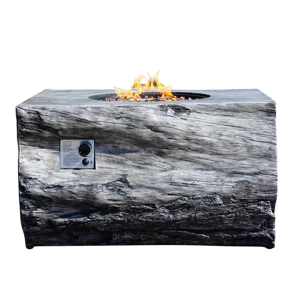 Rectangular gray aluminum natural gas fire pit with a wood-log finish and a cover, featuring a flame and lava rocks.