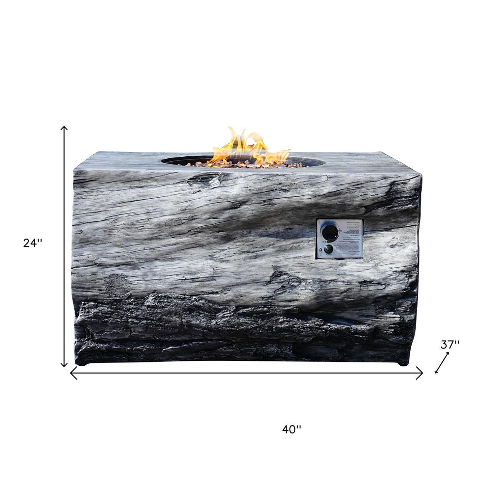 50000 BTU 40" Gray Aluminum Natural Gas Rectangular Fire Pit With Cover. Outdoor fireplaces and firepit isolated on a plain white background, finished in gray metal.