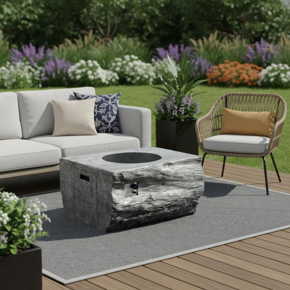 50000 BTU 40" Gray Aluminum Natural Gas Rectangular Fire Pit With Cover shown outdoors on a patio with greenery.