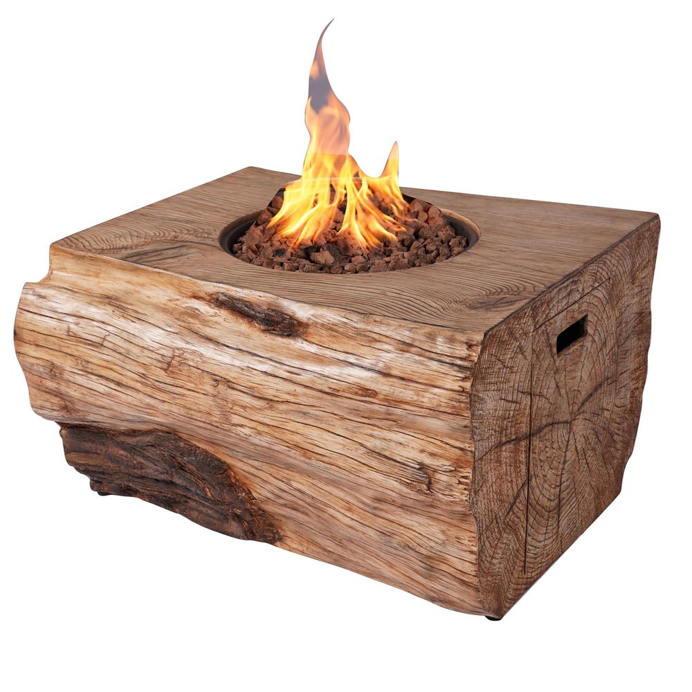 Rectangular natural gas fire pit with a wood-log-like aluminum finish, featuring a fire and lava rocks, on a white background.