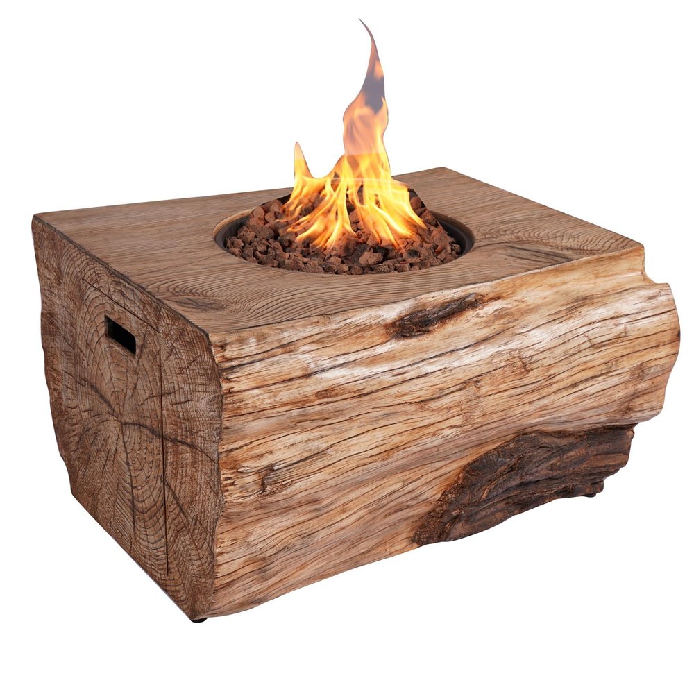 50000 BTU 40" Brown Aluminum Natural Gas Rectangular Fire Pit With Cover. Outdoor fireplaces and firepit isolated on a plain white background, in a brown metal finish.