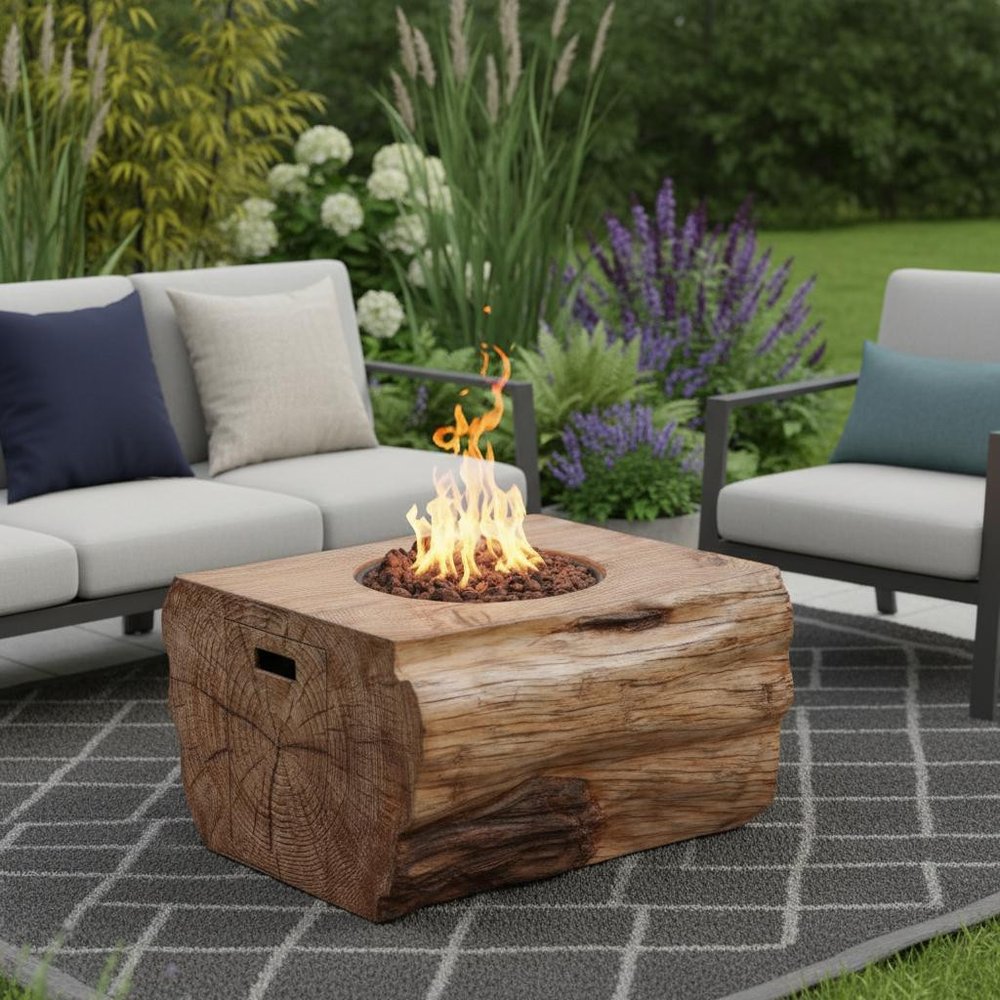 50000 BTU 40" Brown Aluminum Natural Gas Rectangular Fire Pit With Cover shown outdoors on a patio with greenery.