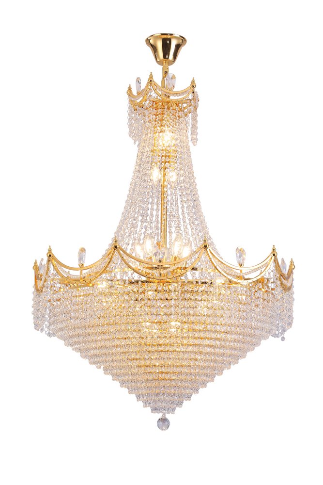 Clear And Gold Empire Multi Light and Metal Crystal Glass Dimmable Chandelier on a white background