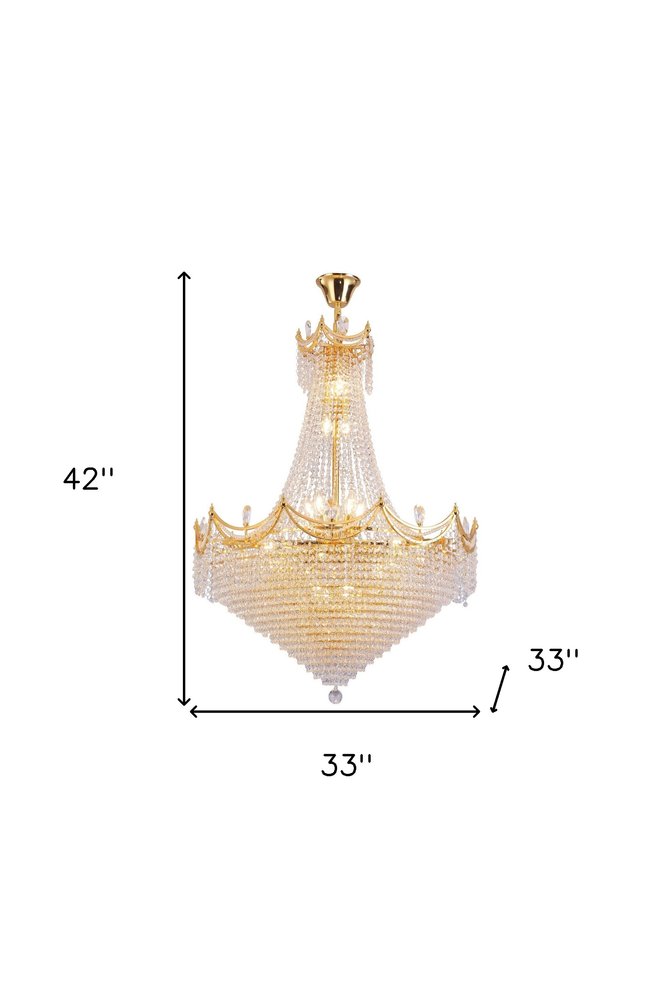 Clear And Gold Empire Multi Light and Metal Crystal Glass Dimmable Chandelier on a white background