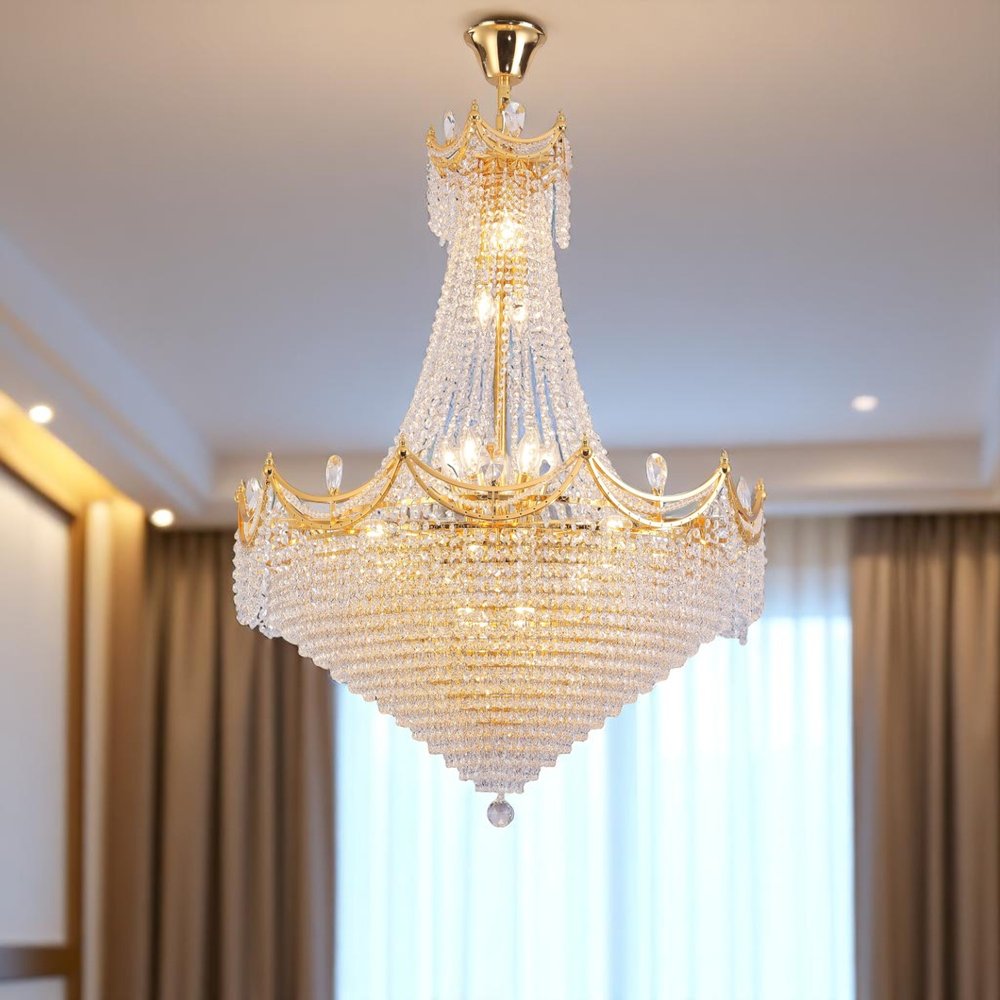 Clear And Gold Empire Multi Light and Metal Crystal Glass Dimmable Chandelier in a home interior