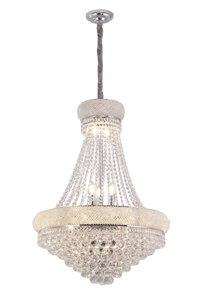 Clear And Silver Empire Multi Light and Metal Crystal Glass Dimmable Chandelier on a white background