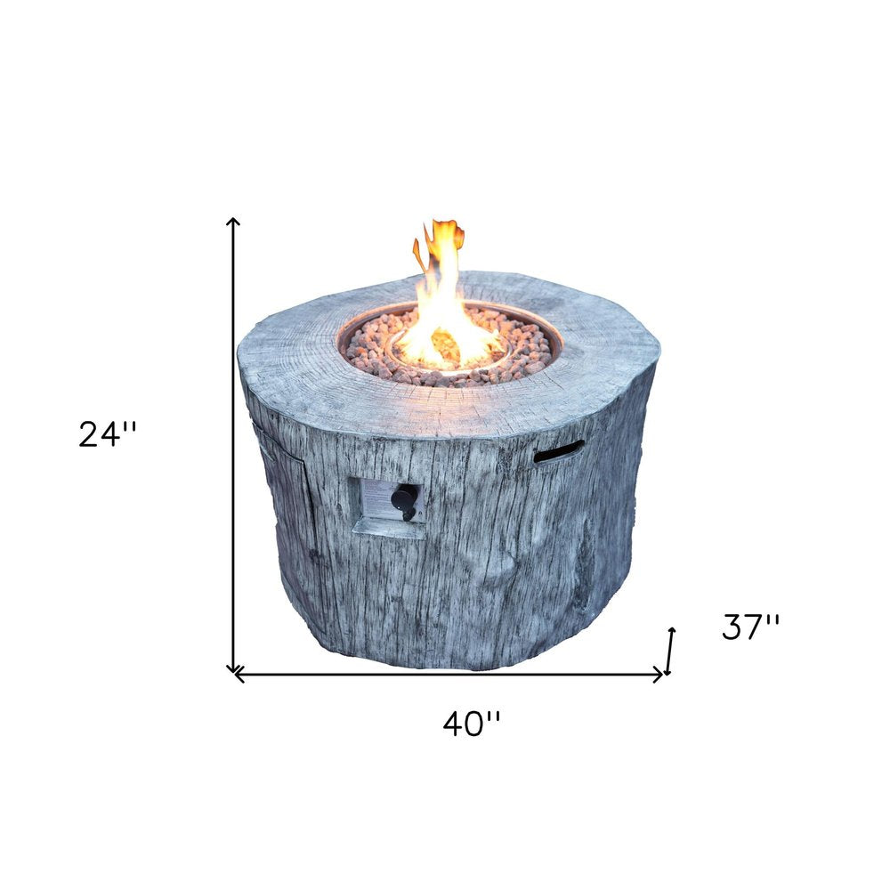 50000 BTU 40" Gray Aluminum Natural Gas Round Fire Pit Table With Cover. Outdoor fireplaces and firepit isolated on a plain white background, finished in gray metal.