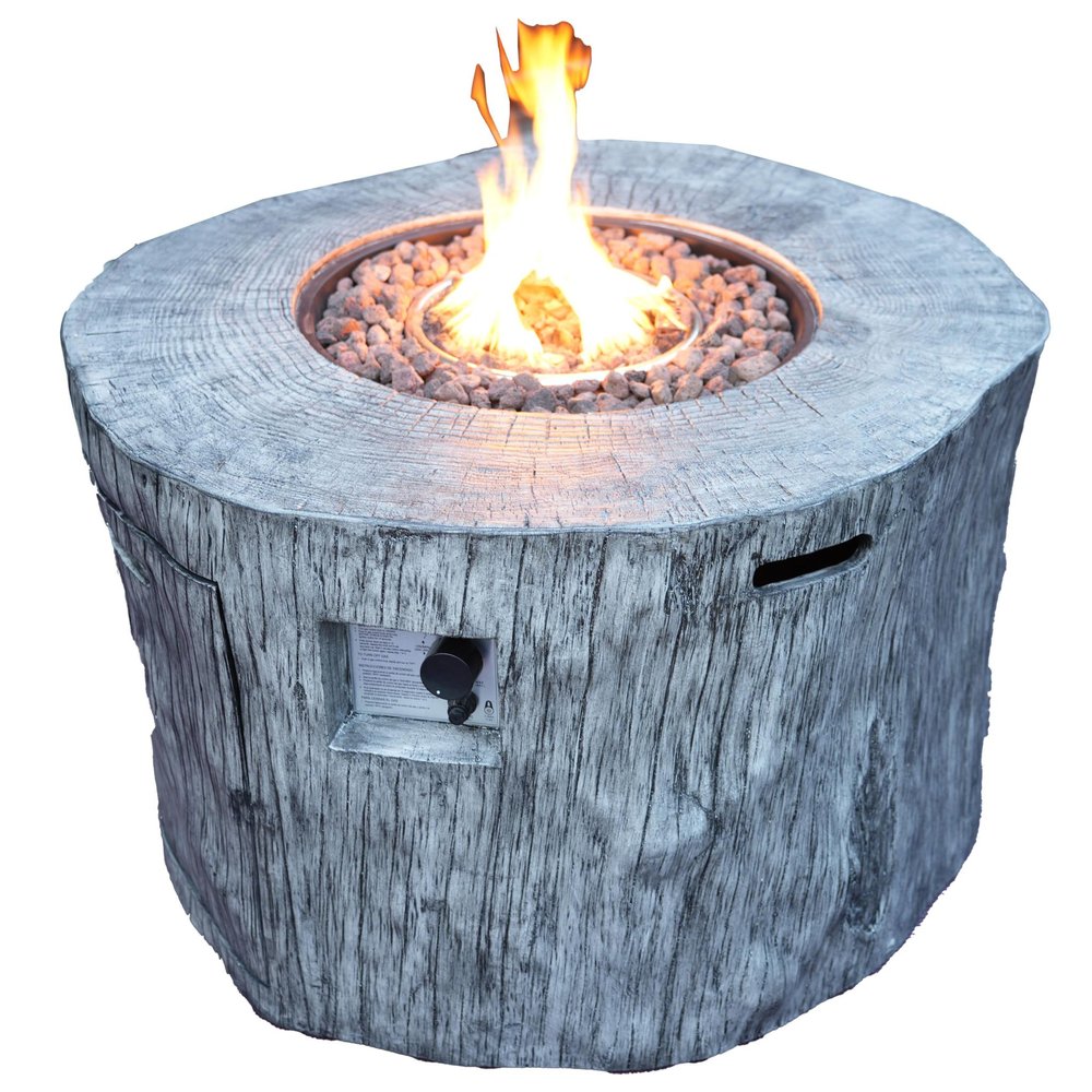 Gray aluminum round fire pit table designed to look like a tree stump, with a gas control knob and flames.