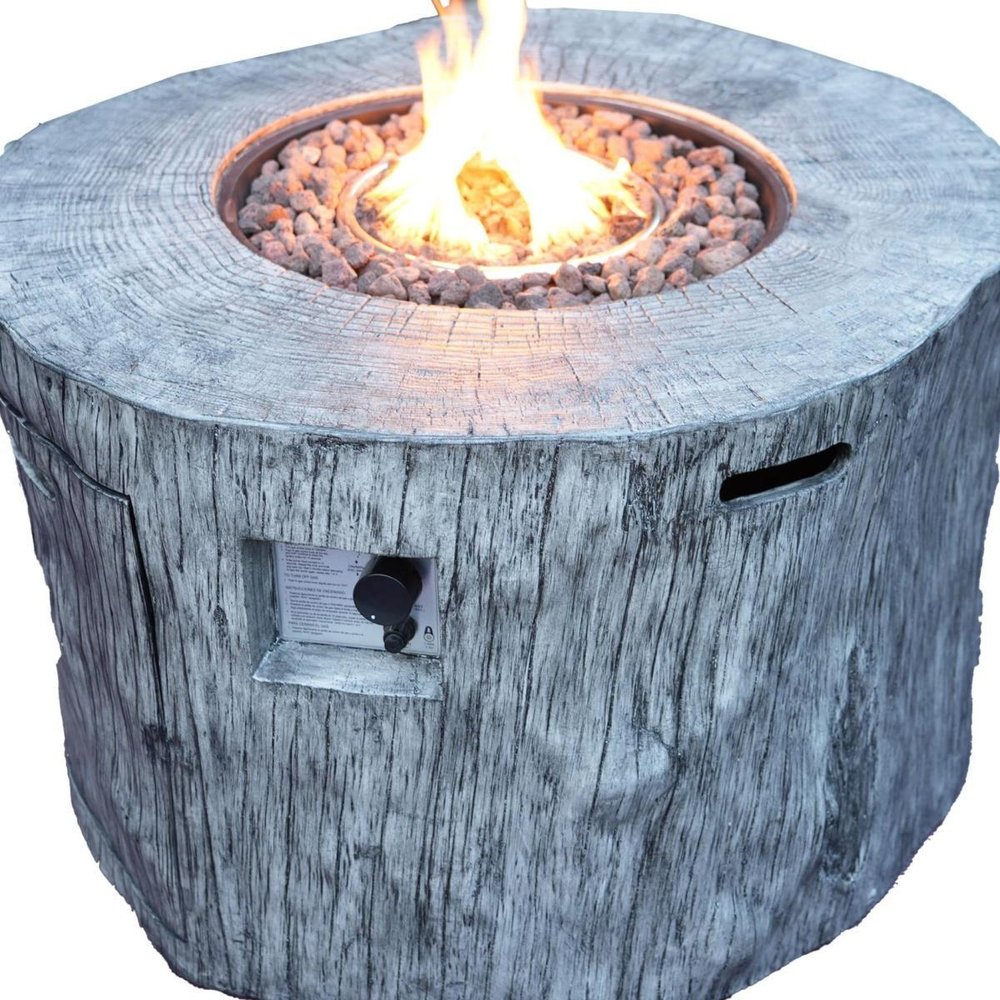 50000 BTU 40" Gray Aluminum Natural Gas Round Fire Pit Table With Cover. Outdoor fireplaces and firepit isolated on a plain white background, in a gray metal finish.