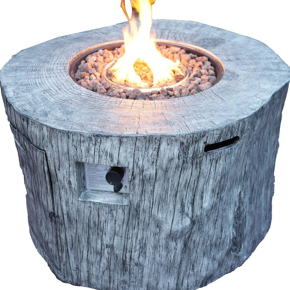 50000 BTU 40" Gray Aluminum Natural Gas Round Fire Pit Table With Cover. Outdoor fireplaces and firepit isolated on a plain white background, finished in gray metal.