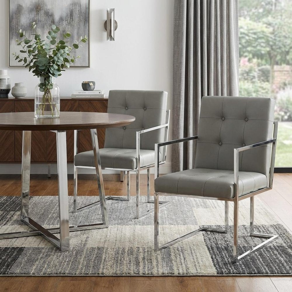 Set of Two Tufted Light Gray and Silver Metallic Upholstered Faux Leather Dining Arm Chairs