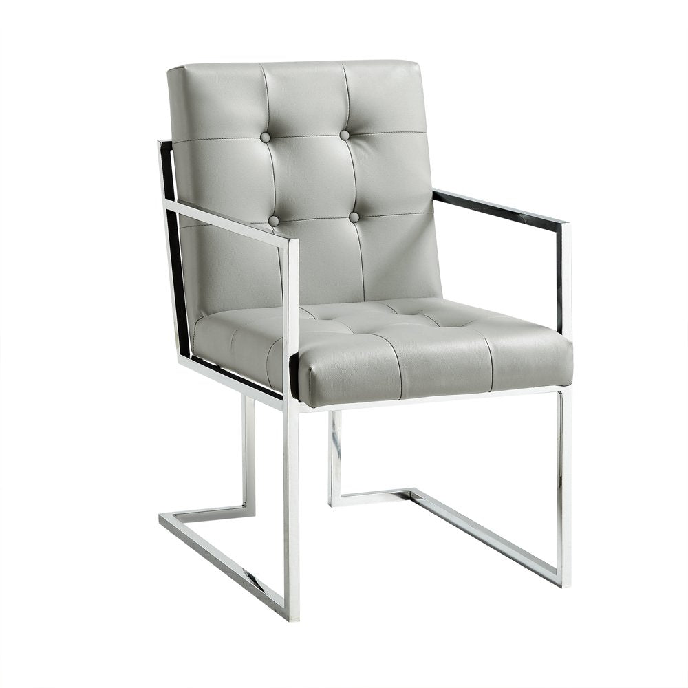 Set of Two Tufted Light Gray and Silver Metallic Upholstered Faux Leather Dining Arm Chairs on a white background
