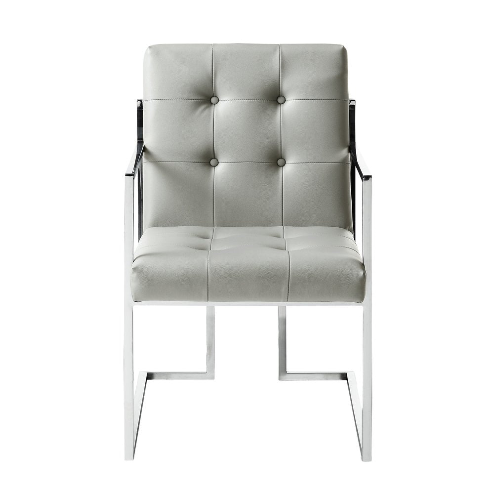 Set of Two Tufted Light Gray and Silver Metallic Upholstered Faux Leather Dining Arm Chairs on a white background