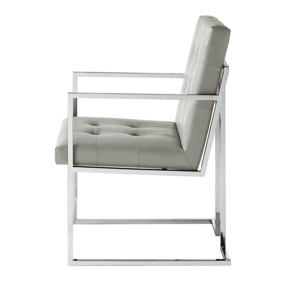 Set of Two Tufted Light Gray and Silver Metallic Upholstered Faux Leather Dining Arm Chairs on a white background