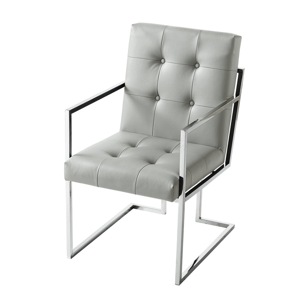 Set of Two Tufted Light Gray and Silver Metallic Upholstered Faux Leather Dining Arm Chairs on a white background