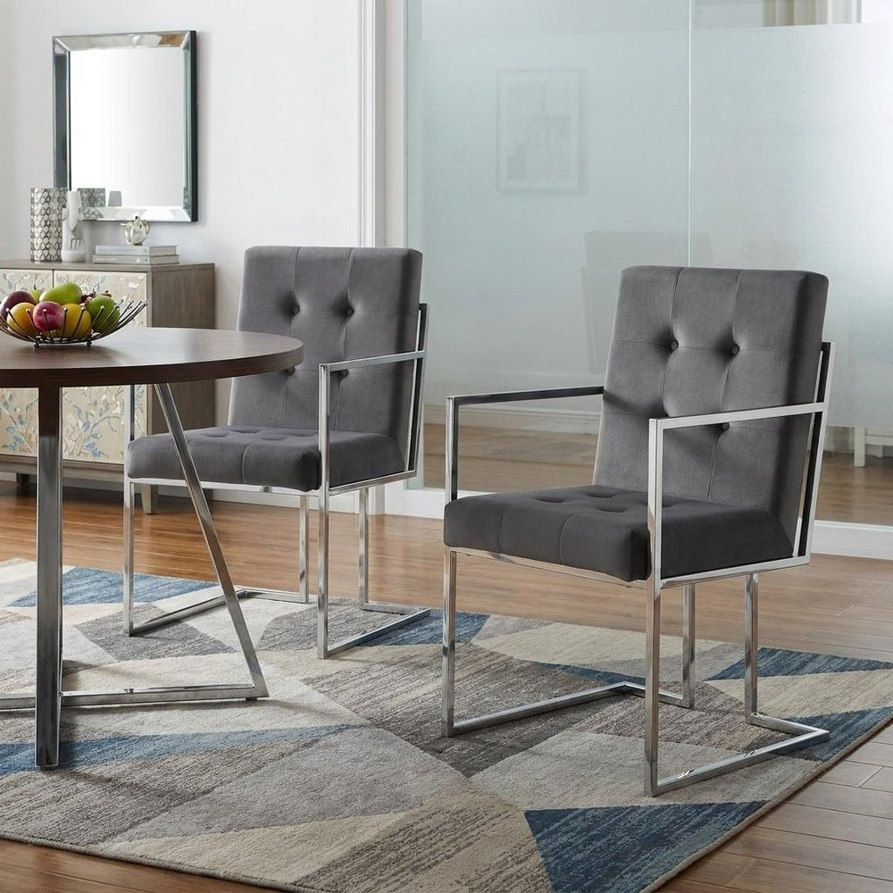 Set of Two Tufted Gray and Silver Metallic Upholstered Velvet Dining Arm Chairs