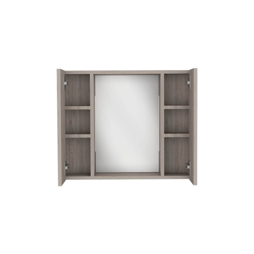 Light gray wood medicine cabinet with a mirror and open side shelves against a white background.