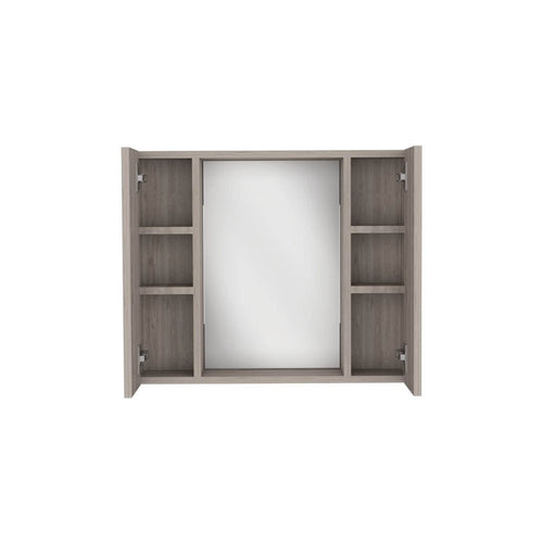 Light gray wood medicine cabinet with a mirror and open side shelves against a white background.