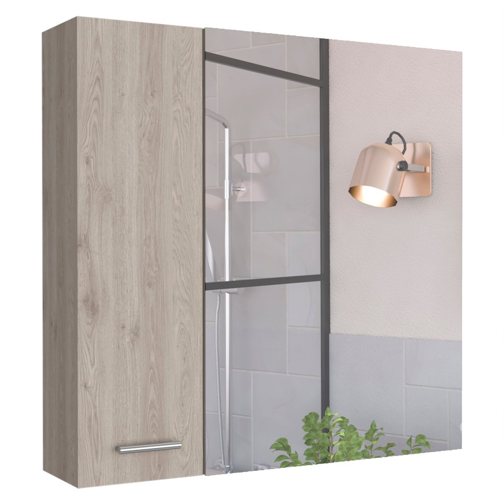 Light gray wood bathroom vanity and medicine cabinet with a mirrored door and a rose gold wall lamp.