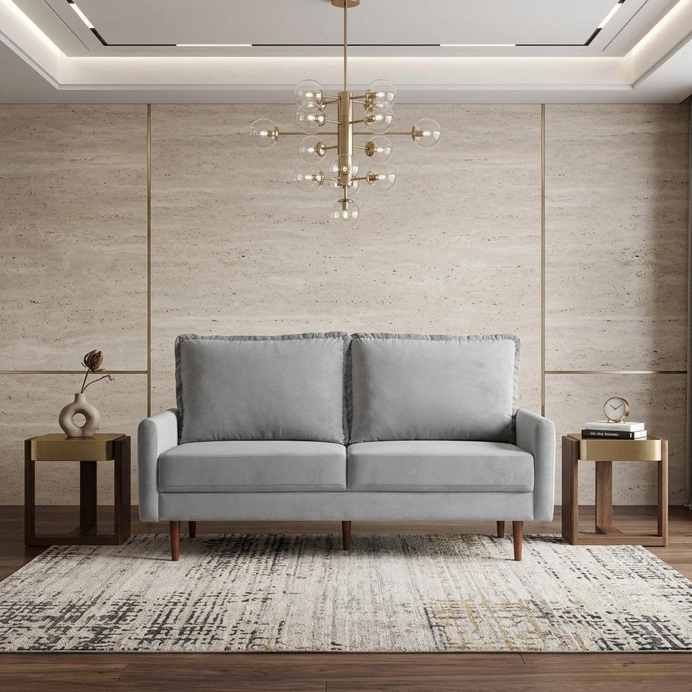 69" Gray Velvet Sofa With Dark Brown Legs