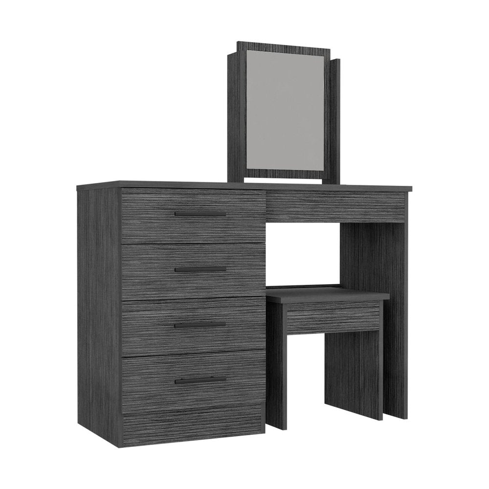 39" Gray Wood Four Drawer Vanity Table. Vanity table isolated on a plain white background, in a gray wood finish.