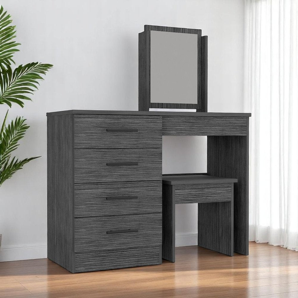 Close-up of 39" Gray Wood Four Drawer Vanity Table showing gray wood detail.