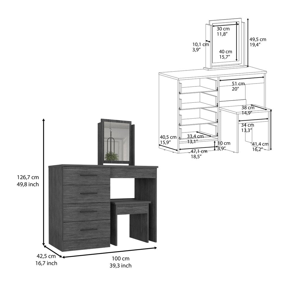 Gray wood vanity table with mirror and stool, 100 cm wide, 126.7 cm tall, with visible dimensions.