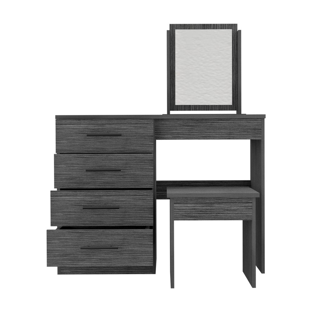 39" Gray Wood Four Drawer Vanity Table. Vanity table isolated on a plain white background, showing a gray wood surface.