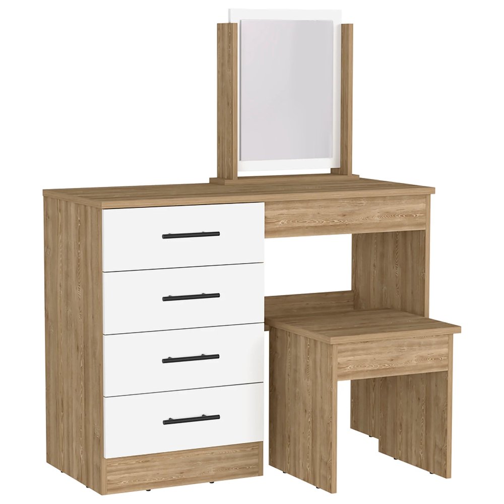 39" Natural And White Wood Four Drawer Vanity Table. Vanity table isolated on a plain white background, in a white wood finish.