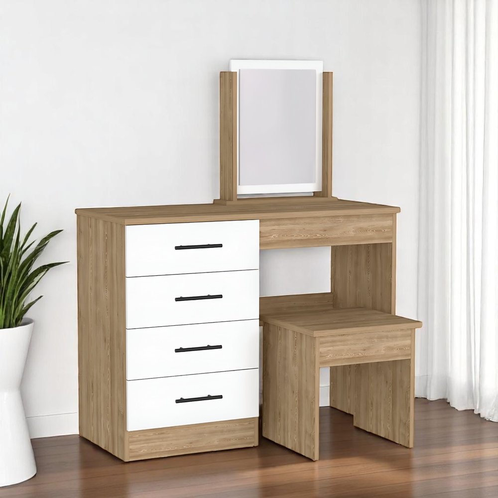 39" Natural And White Wood Four Drawer Vanity Table. Vanity table in white wood.
