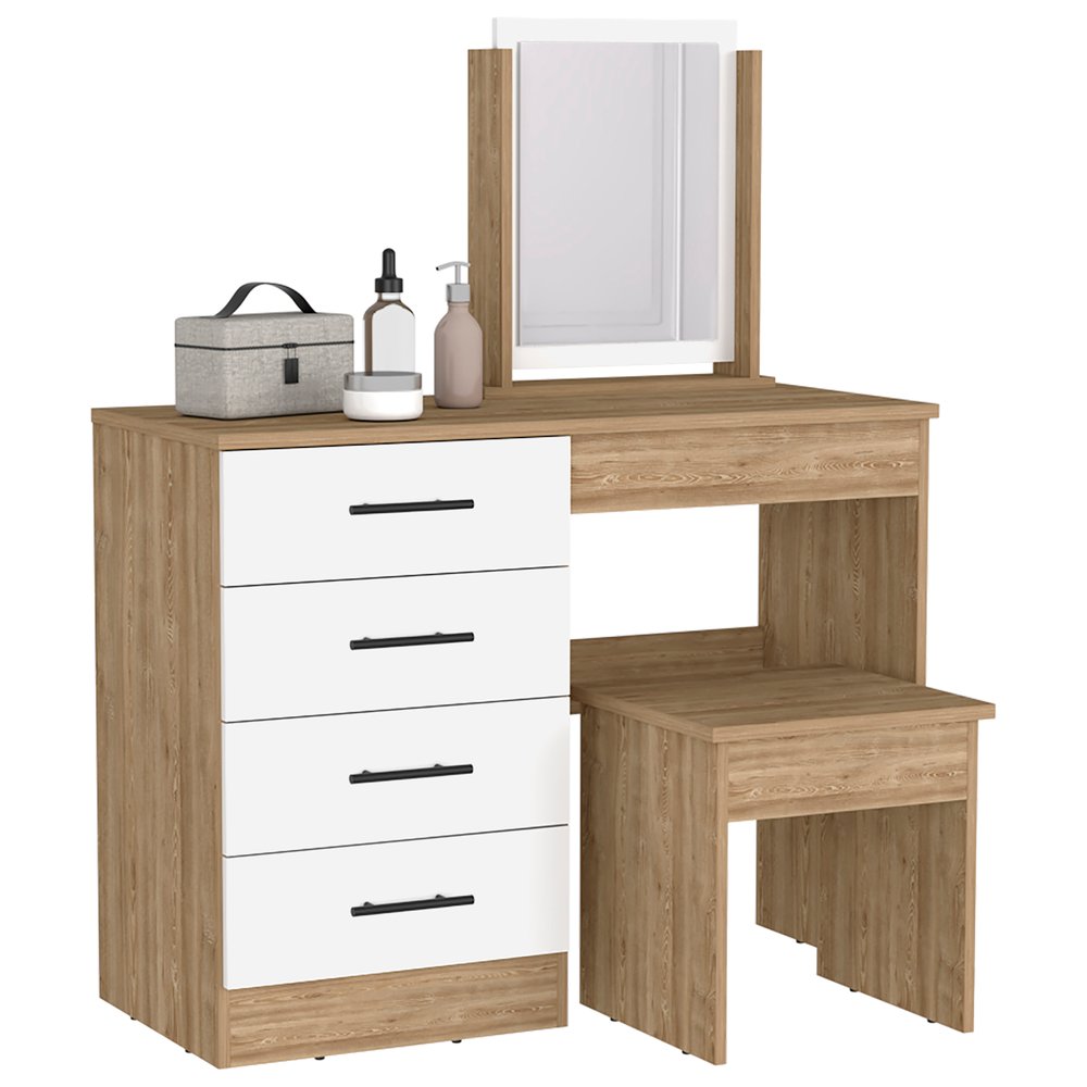 39" Natural And White Wood Four Drawer Vanity Table