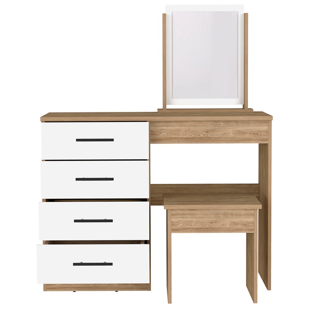 39" Natural And White Wood Four Drawer Vanity Table. Vanity table isolated on a plain white background, showing a white wood surface.