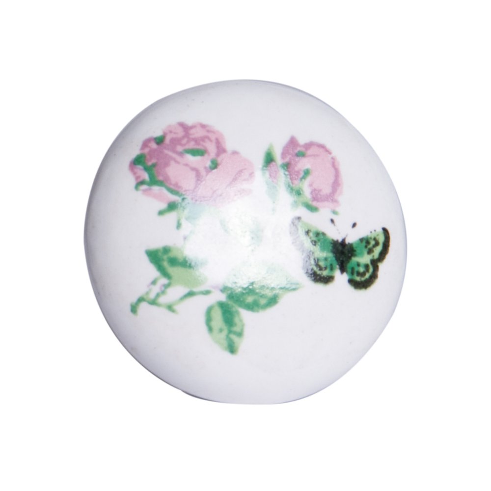 Set of Eight Light Pink And White Ceramic And Metal Floral Drawer Pull Knobs