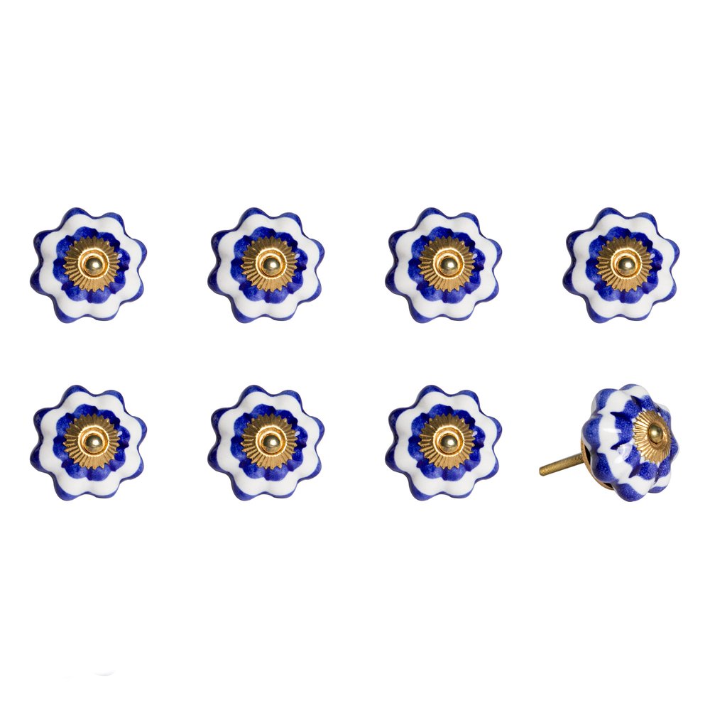 Set of Eight Blue And White Ceramic And Metal Drawer Pull Knobs on a white background