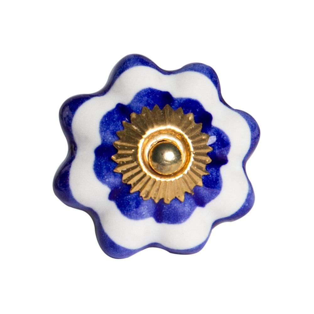 Set of Eight Blue And White Ceramic And Metal Drawer Pull Knobs on a white background