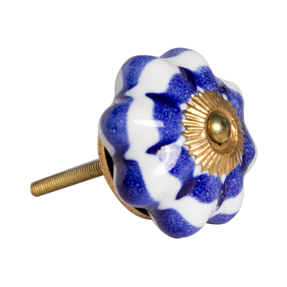 Set of Eight Blue And White Ceramic And Metal Drawer Pull Knobs on a white background