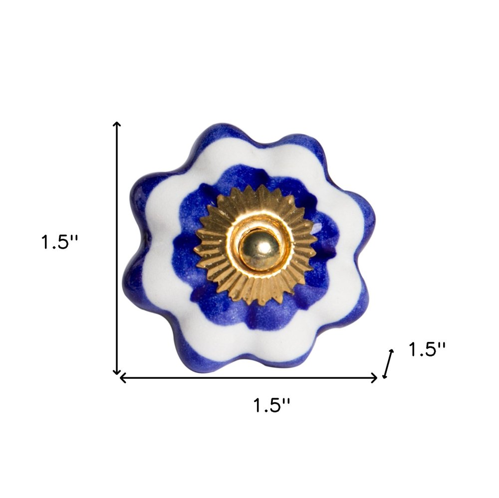 Set of Eight Blue And White Ceramic And Metal Drawer Pull Knobs on a white background