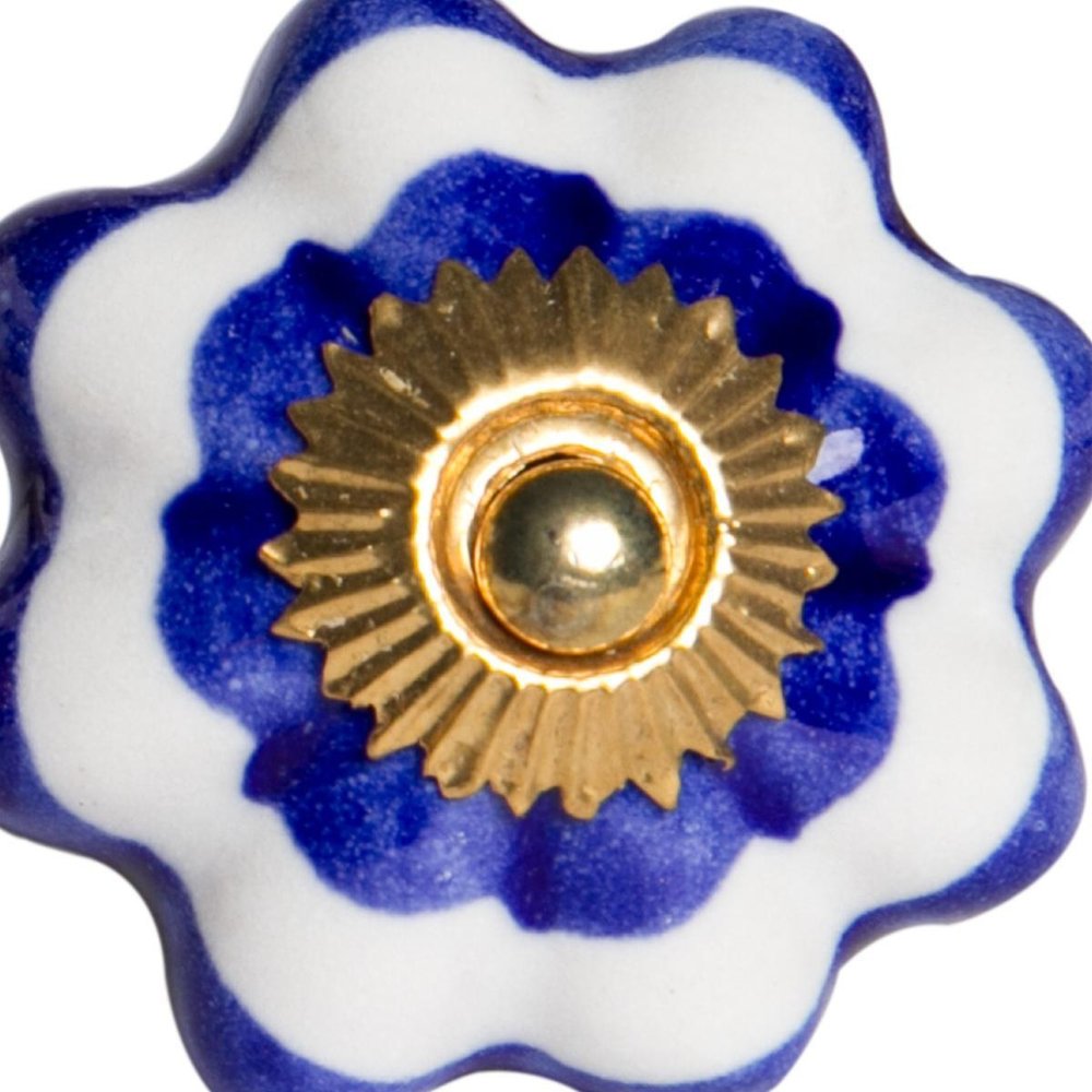 Set of Eight Blue And White Ceramic And Metal Drawer Pull Knobs on a white background