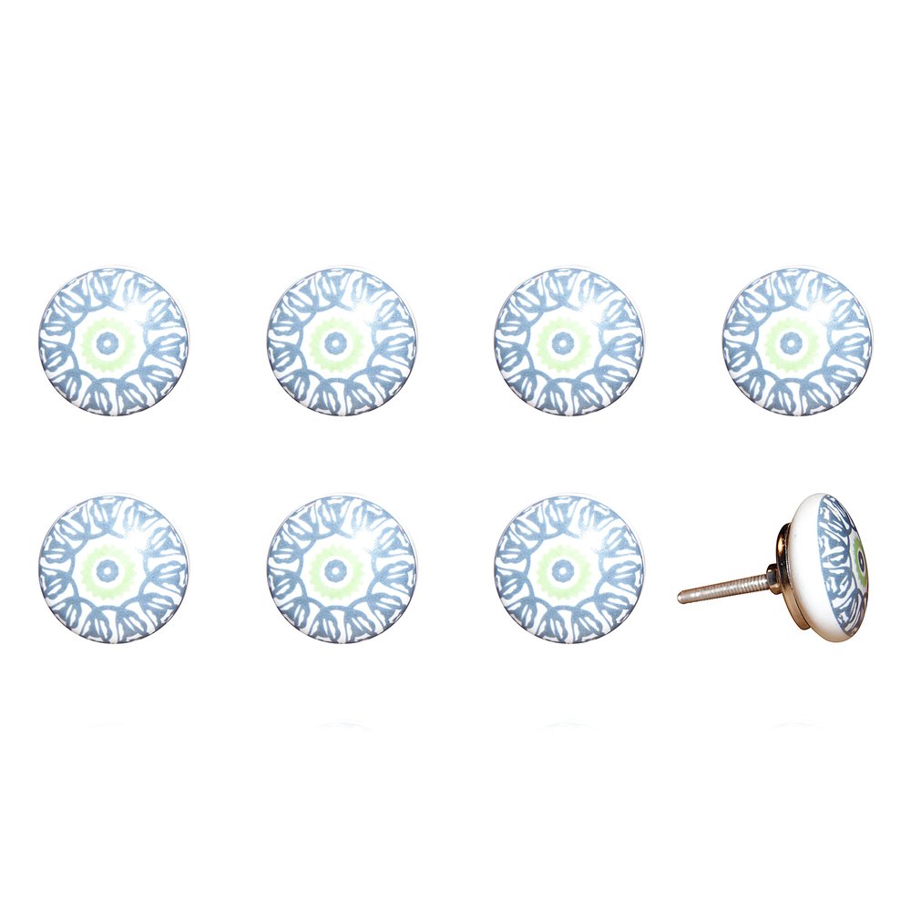Set of Eight Light Blue And White Ceramic And Metal Drawer Pull Knobs on a white background