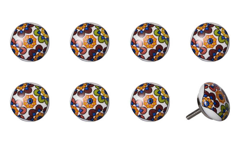 Set of Eight Blue And Orange Ceramic And Metal Drawer Pull Knobs on a white background