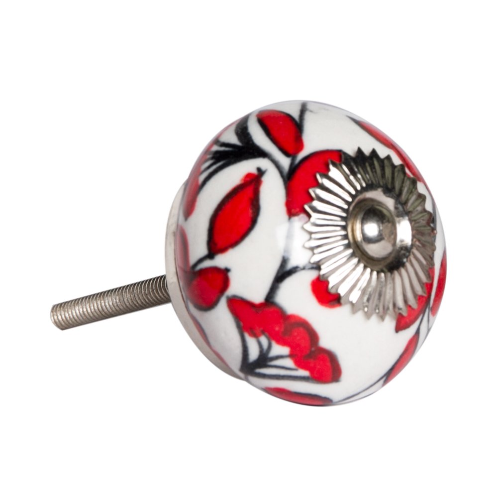 Set of Eight White And Red Ceramic And Metal Drawer Pull Knobs