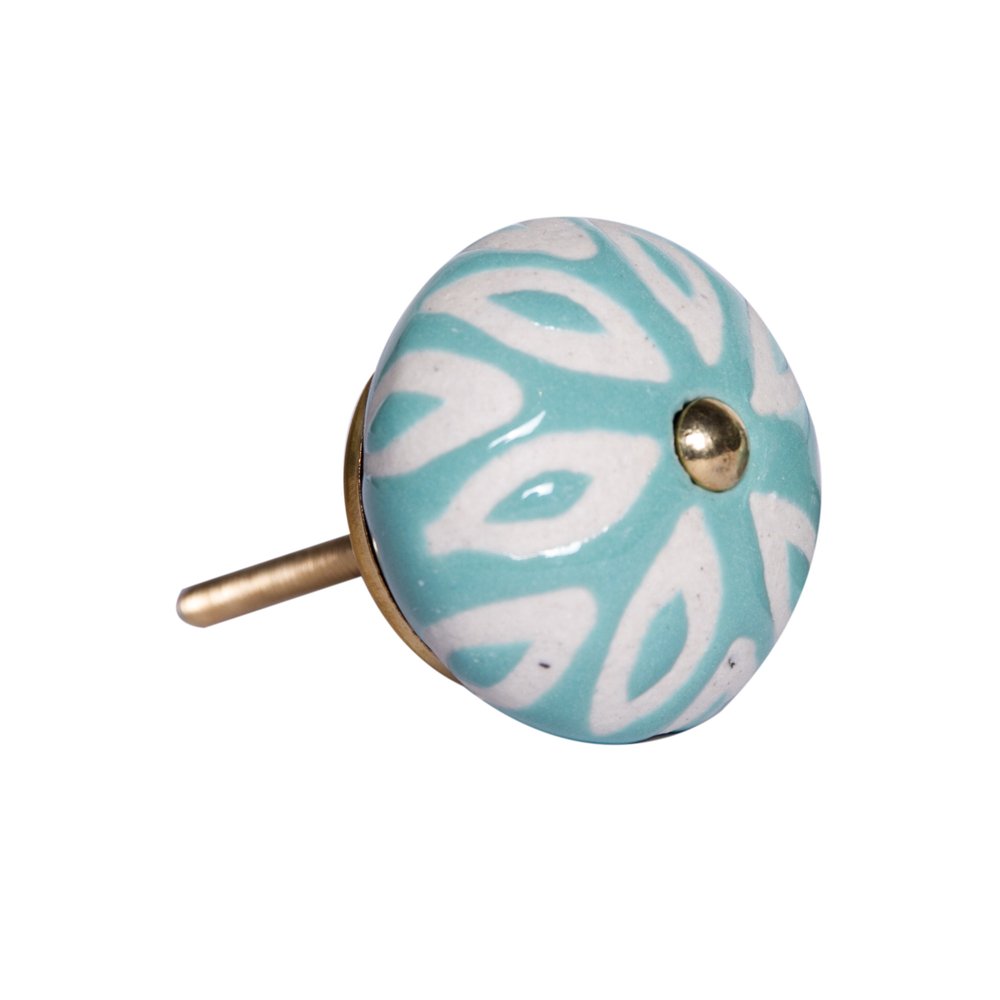 Set of Eight Turquoise And White Ceramic And Metal Drawer Pull Knobs