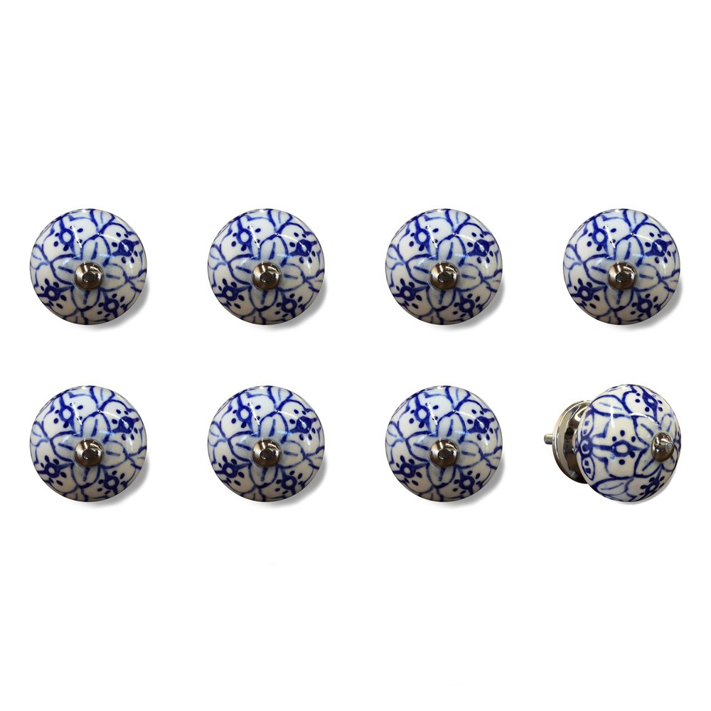 Set of Eight Blue And White Ceramic And Metal Drawer Pull Knobs on a white background